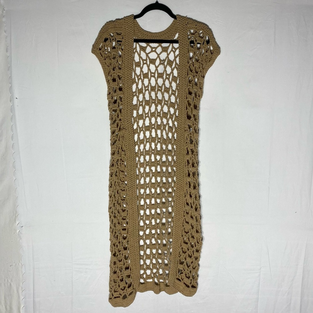 Vintage Handmade Tan Macrame Open Front Long Vest S Boho Festival Grunge Coastal